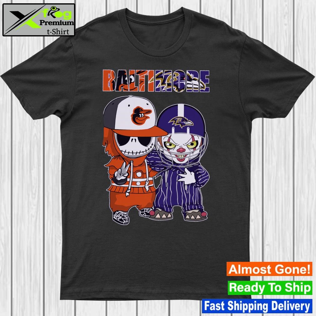 Official baltimore Sports Jack Skellington Baltimore Orioles And Pennywise Baltimore Ravens shirt