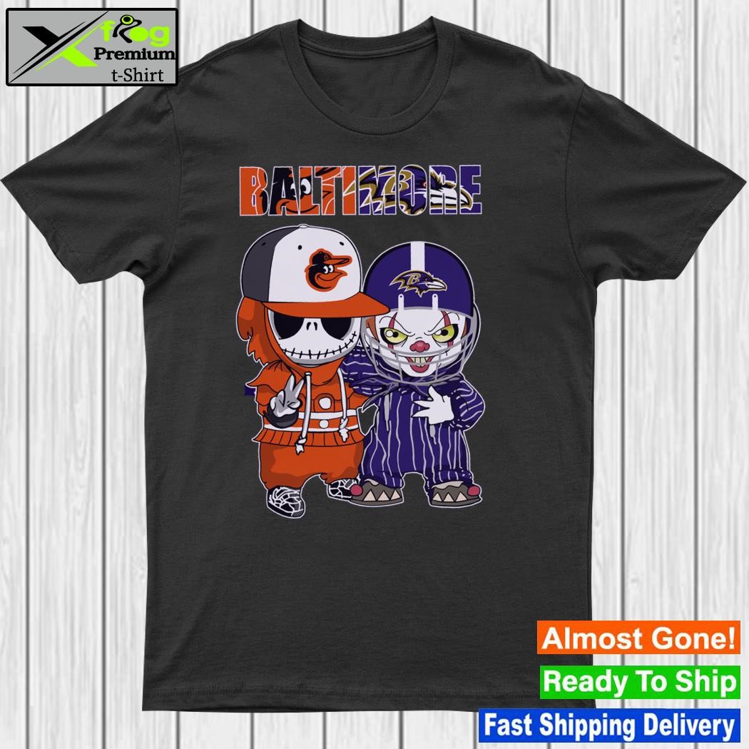 Official baltimore city Jack Skellington Baltimore Orioles and Pennywise Baltimore Ravens logo characters shirt