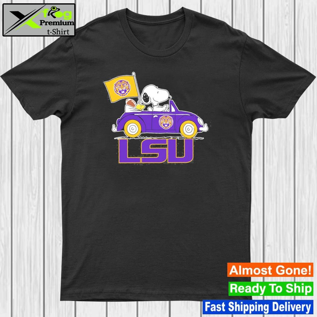 Snoopy and woodstock car lsu logo flag shirt