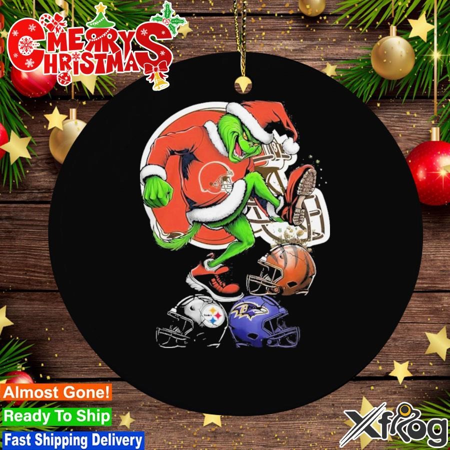 Grinch hat santa Cleveland Browns Stomp On NFL Teams Christmas Logo Ornament